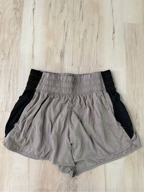 Women's Smocked Waist Athletic Shorts - Taupe with Black Panels